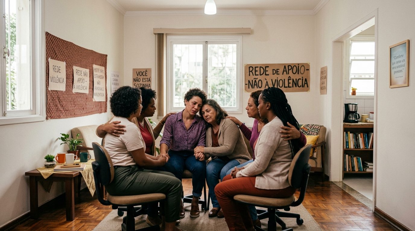 Mulheres abraçadas em roda de apoio